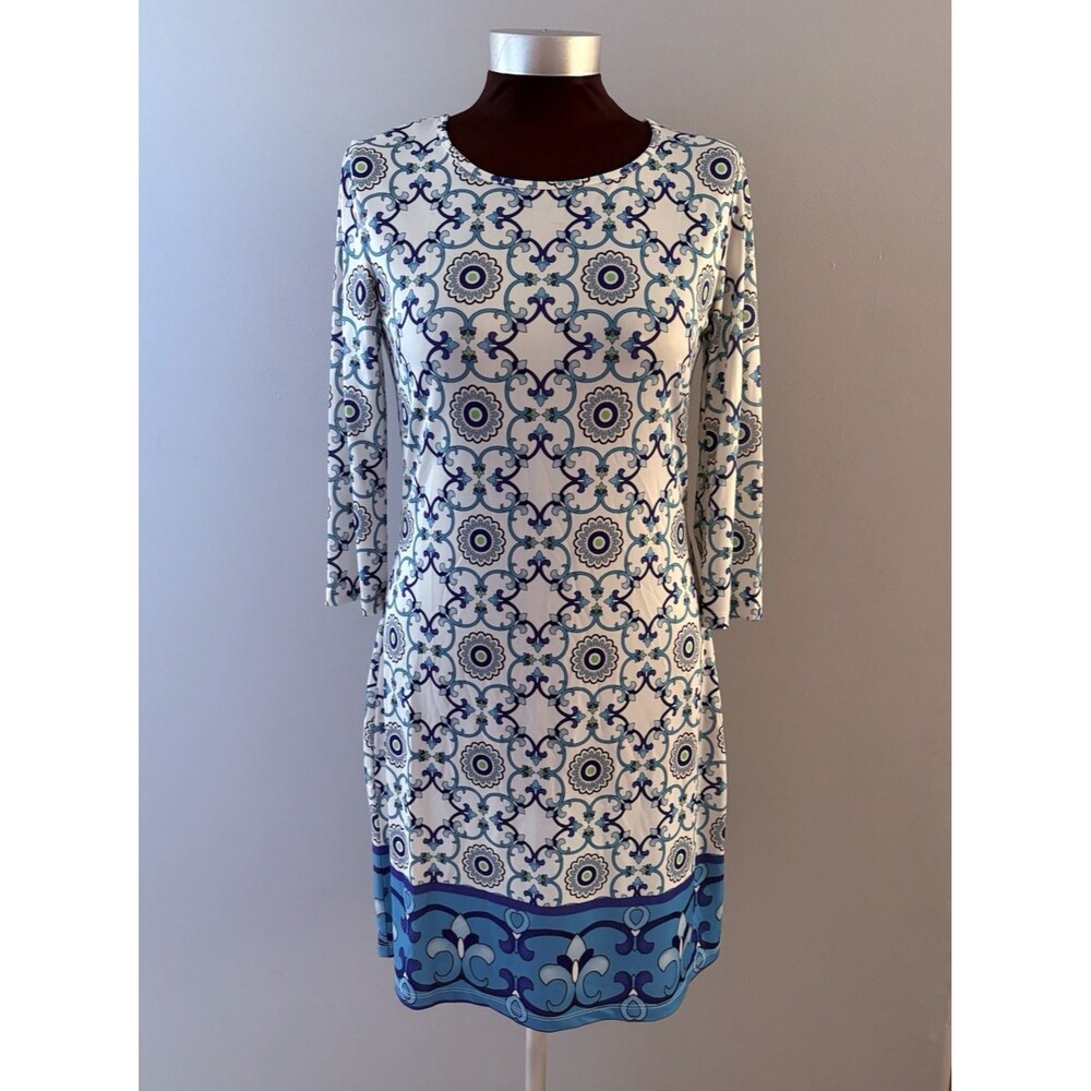 Jean Pierre Klifa Dress Size Small White Blue Beach Resort Shift Midi Stretch